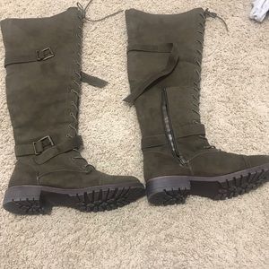 Olive green over the knee lace up boots